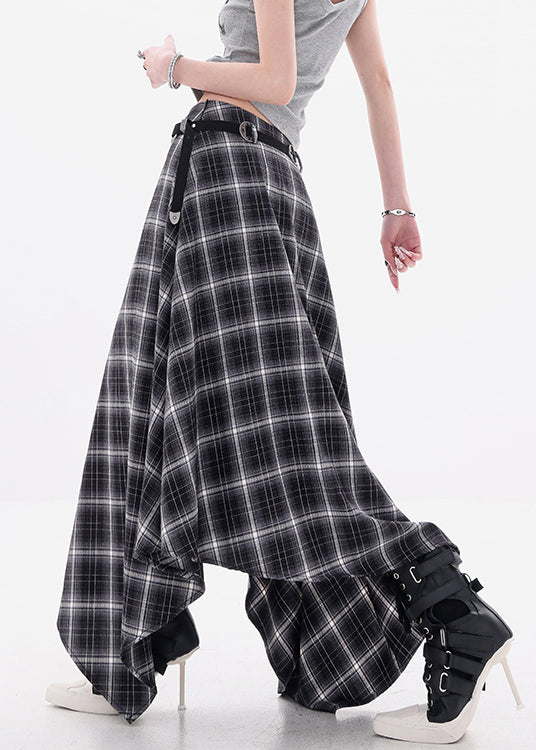 Art Black Asymmetrical Plaid Cotton Skirts Fall