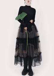 Art Black Asymmetrical Ruffled Tulle Patchwork Long Dresses Winter