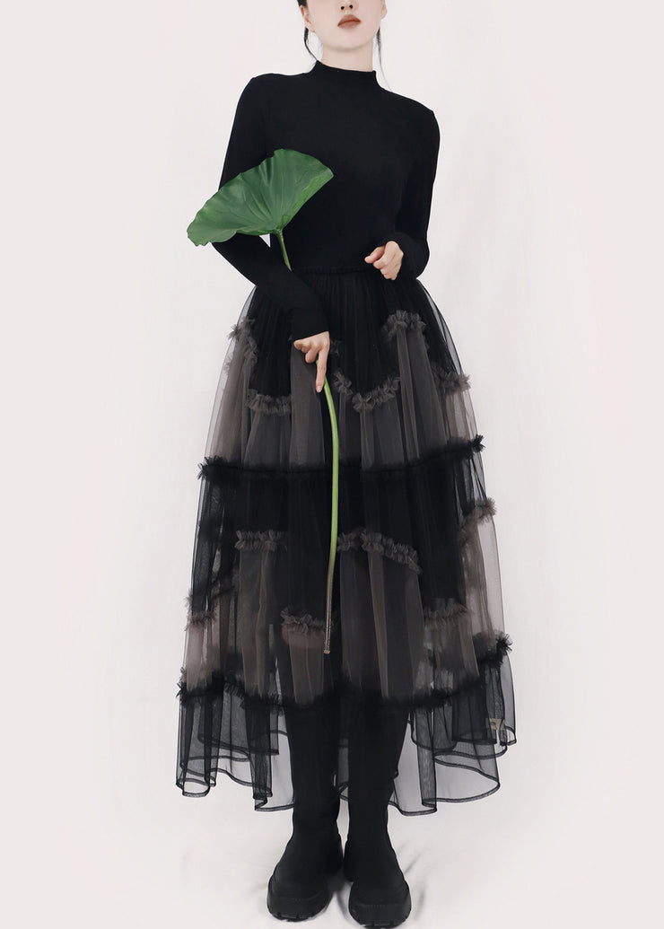 Art Black Asymmetrical Ruffled Tulle Patchwork Long Dresses Winter