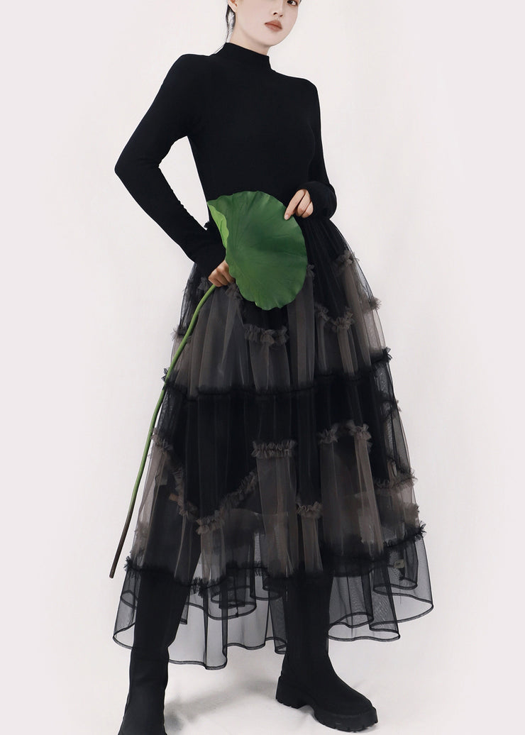 Art Black Asymmetrical Ruffled Tulle Patchwork Long Dresses Winter