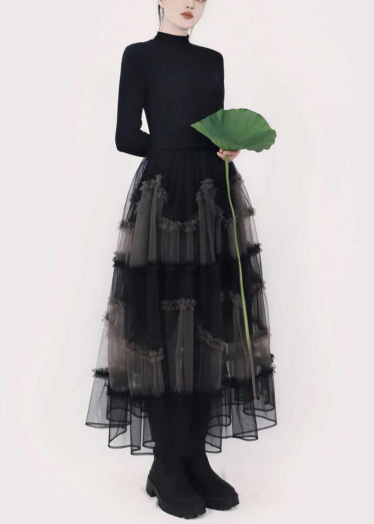 Art Black Asymmetrical Ruffled Tulle Patchwork Long Dresses Winter