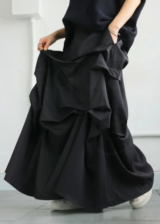 Art Black Asymmetrical Wrinkled Cotton Skirt Fall