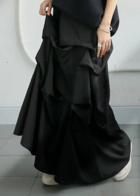 Art Black Asymmetrical Wrinkled Cotton Skirt Fall