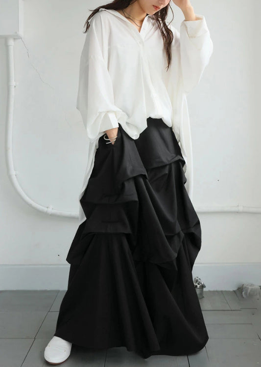 Art Black Asymmetrical Wrinkled Cotton Skirt Fall