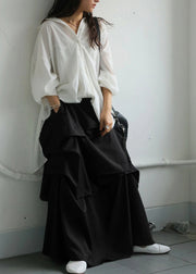 Art Black Asymmetrical Wrinkled Cotton Skirt Fall