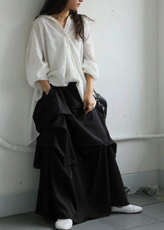 Art Black Asymmetrical Wrinkled Cotton Skirt Fall
