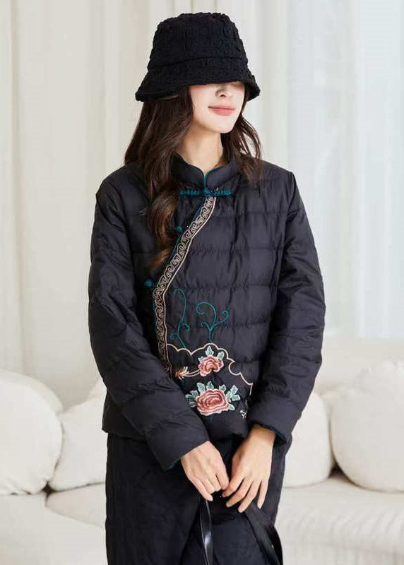Art Black Embroidered Button Duck Down Filled Puffer Coat Winter