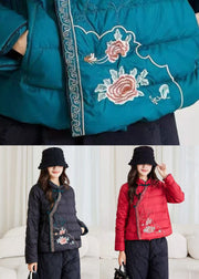 Art Black Embroidered Button Duck Down Filled Puffer Coat Winter