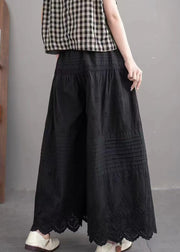Art Black Embroidered Cotton Wide Leg Pants Summer