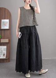 Art Black Embroidered Cotton Wide Leg Pants Summer