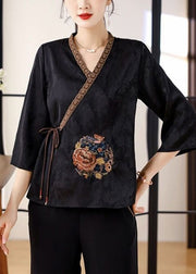 Art Black Embroidered Tie Waist Silk Shirt Top Bracelet Sleeve