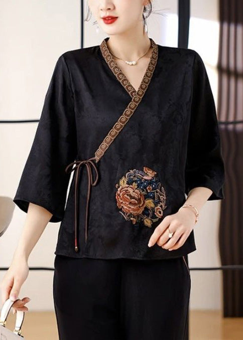 Art Black Embroidered Tie Waist Silk Shirt Top Bracelet Sleeve