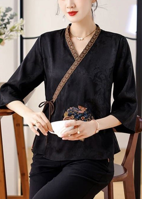 Art Black Embroidered Tie Waist Silk Shirt Top Bracelet Sleeve