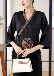 Art Black Embroidered Tie Waist Silk Shirt Top Bracelet Sleeve