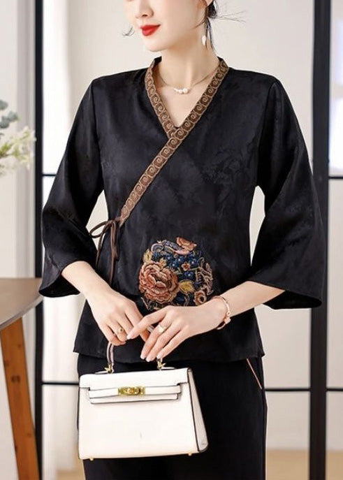 Art Black Embroidered Tie Waist Silk Shirt Top Bracelet Sleeve