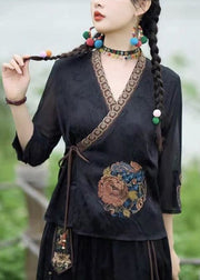 Art Black Embroidered Tie Waist Silk Shirt Top Bracelet Sleeve