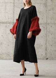 Art Black O-Neck Patchwork Faux Fur Dresses Flare Sleeve