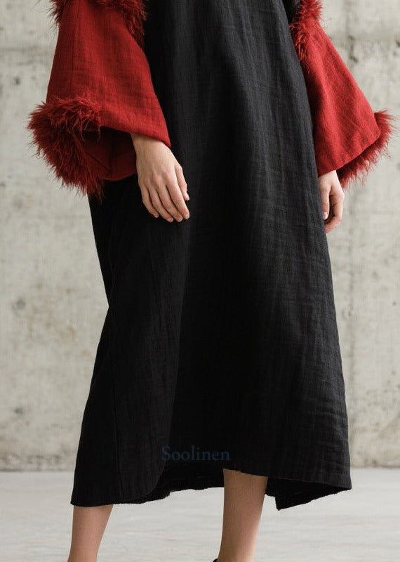 Art Black O-Neck Patchwork Faux Fur Dresses Flare Sleeve