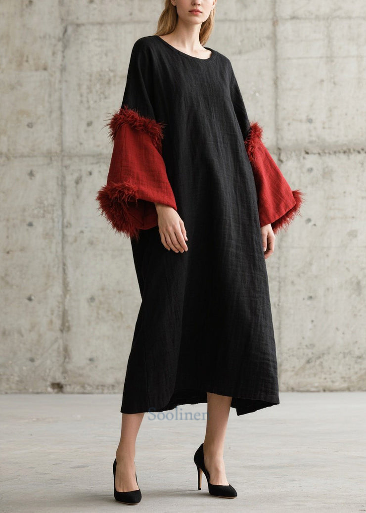 Art Black O-Neck Patchwork Faux Fur Dresses Flare Sleeve