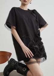 Art Black O Neck Tulle Patchwork T Shirts Summer