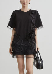 Art Black O Neck Tulle Patchwork T Shirts Summer