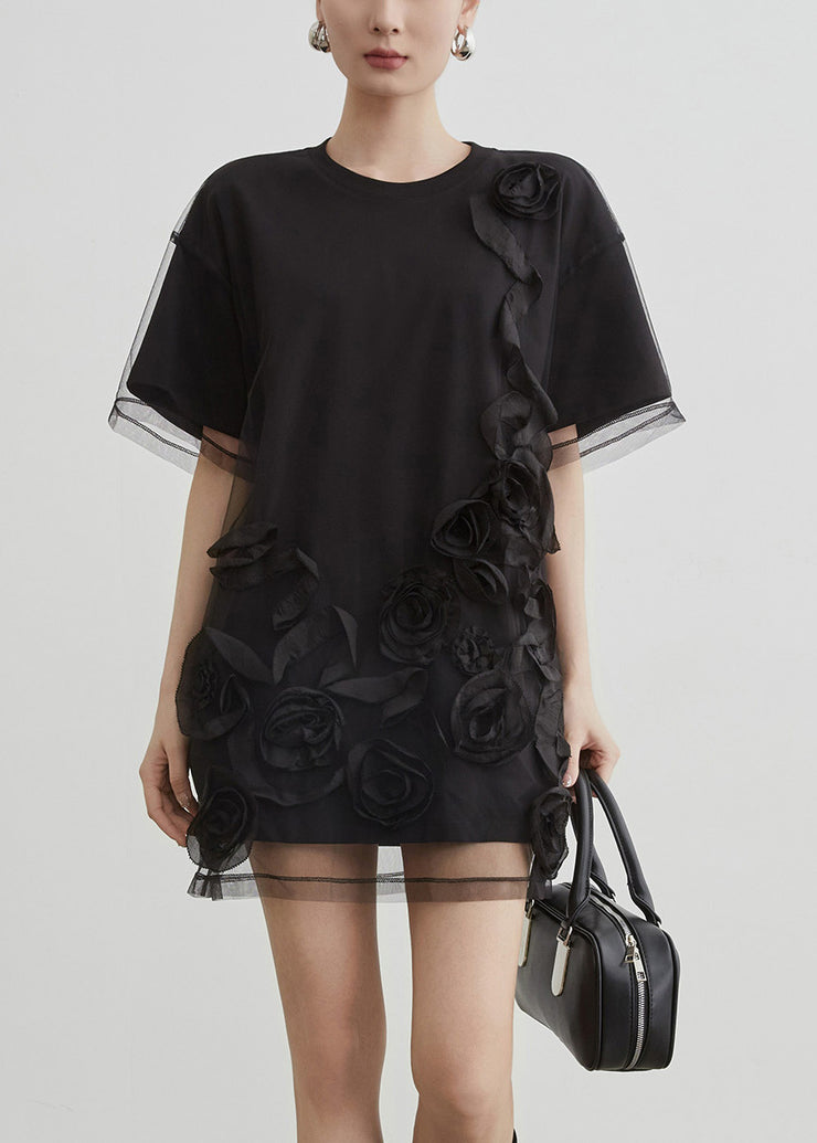Art Black O Neck Tulle Patchwork T Shirts Summer