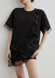 Art Black O Neck Tulle Patchwork T Shirts Summer