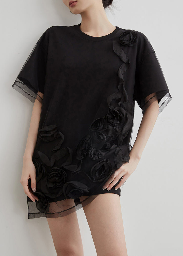 Art Black O Neck Tulle Patchwork T Shirts Summer