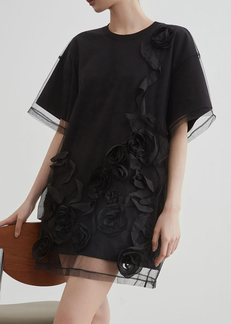 Art Black O Neck Tulle Patchwork T Shirts Summer