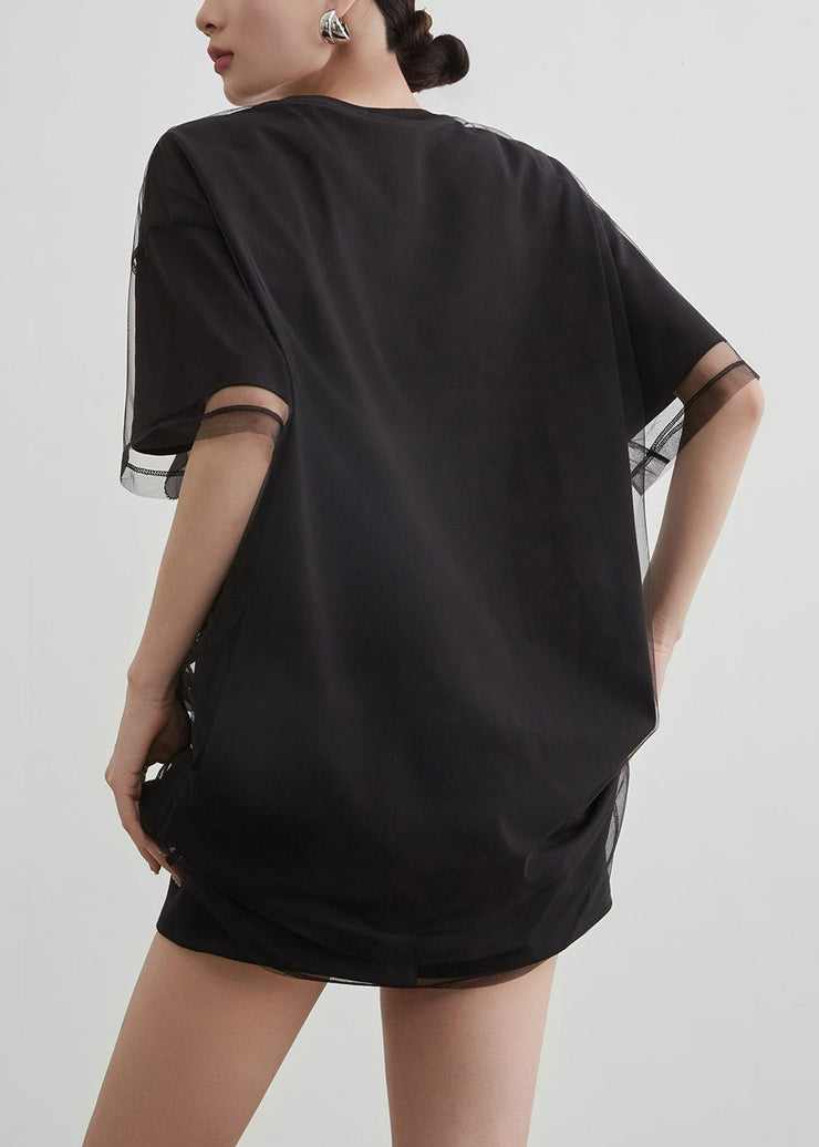 Art Black O Neck Tulle Patchwork T Shirts Summer