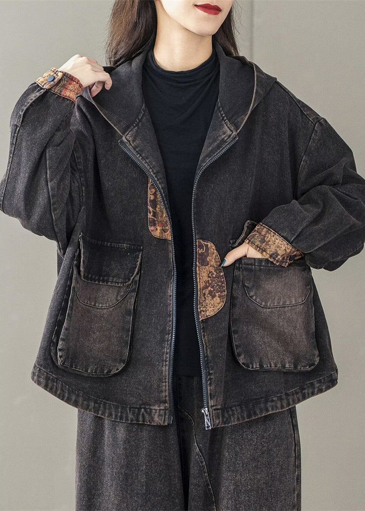 Art Black Oversized Patchwork Hooded Jacket Spring
