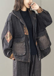 Art Black Oversized Patchwork Hooded Jacket Spring