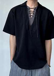 Art Black Peter Pan Collar Patchwork Cotton Shirt Summer