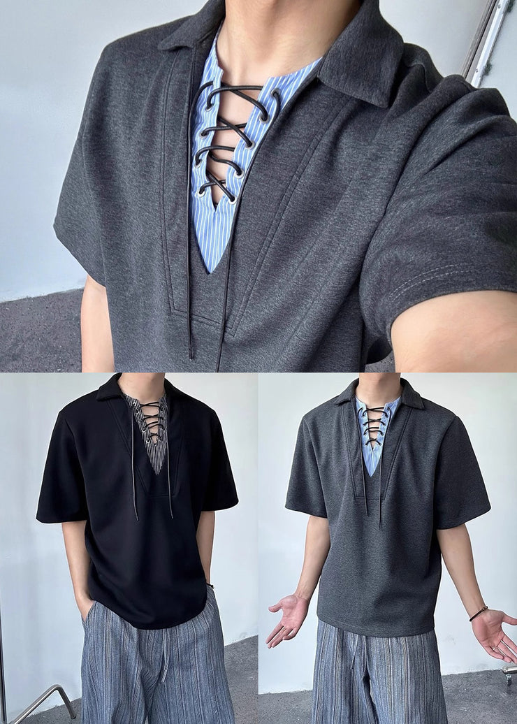 Art Black Peter Pan Collar Patchwork Cotton Shirt Summer