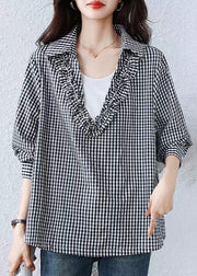 Art Black Plaid Ruffled Drawstring Cotton Blouses Fall