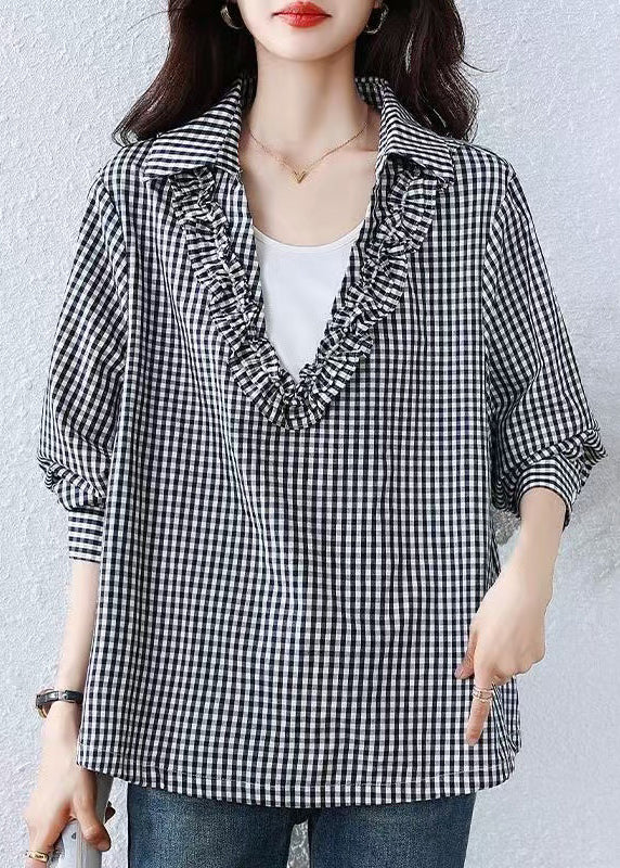 Art Black Plaid Ruffled Drawstring Cotton Blouses Fall