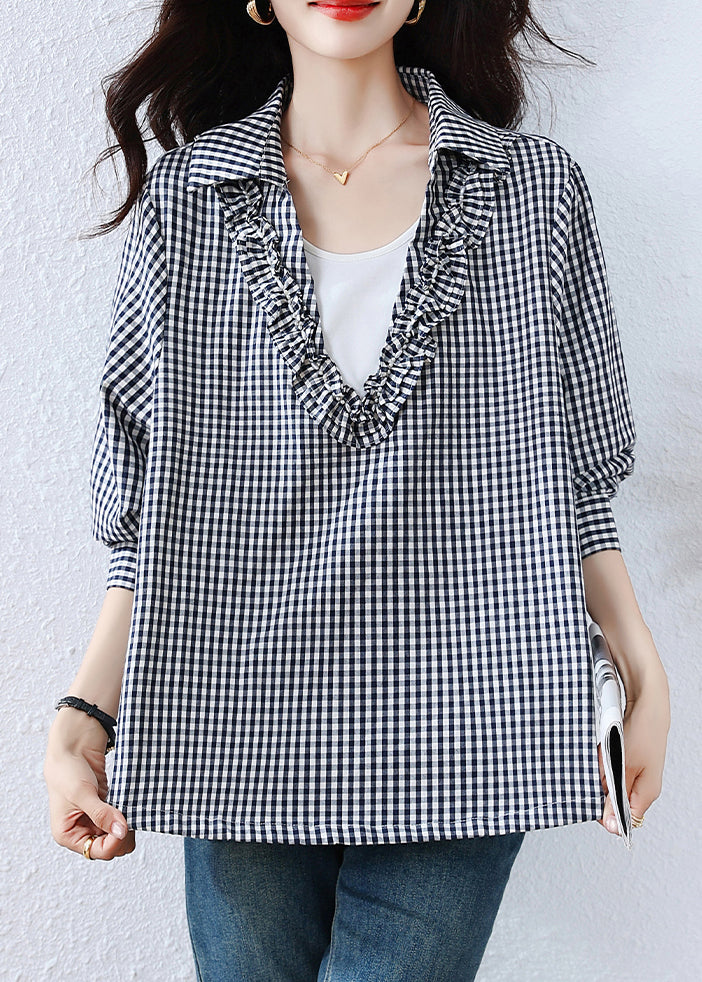 Art Black Plaid Ruffled Drawstring Cotton Blouses Fall