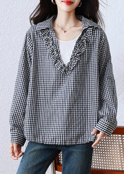 Art Black Plaid Ruffled Drawstring Cotton Blouses Fall