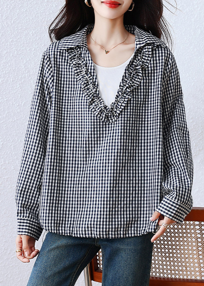 Art Black Plaid Ruffled Drawstring Cotton Blouses Fall
