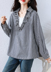 Art Black Plaid Ruffled Drawstring Cotton Blouses Fall