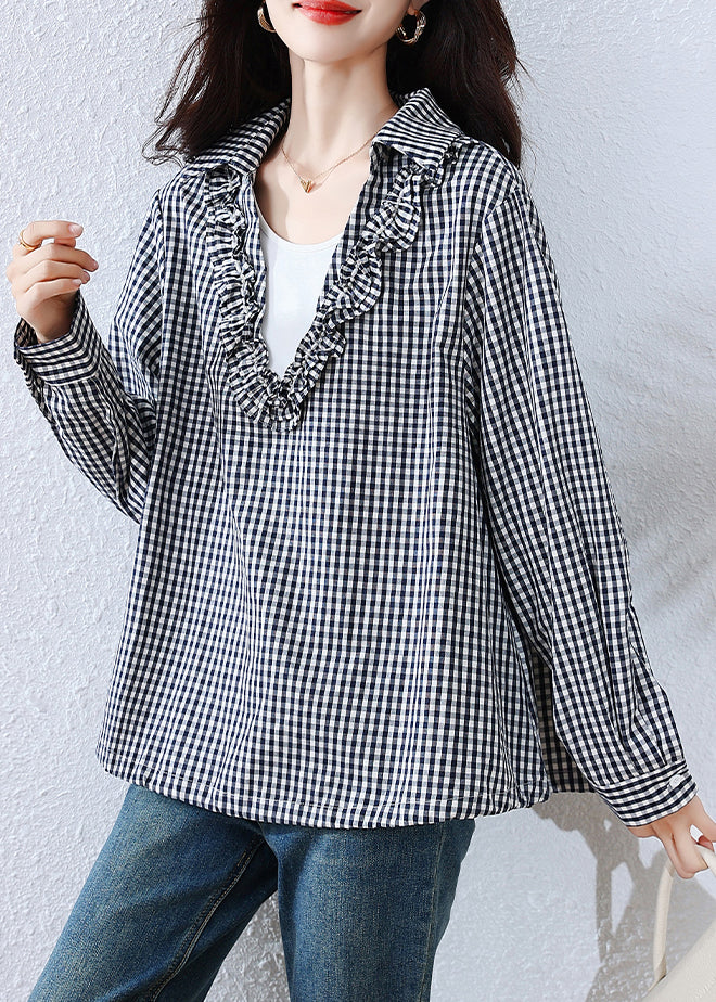 Art Black Plaid Ruffled Drawstring Cotton Blouses Fall
