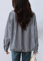 Art Black Plaid Ruffled Drawstring Cotton Blouses Fall