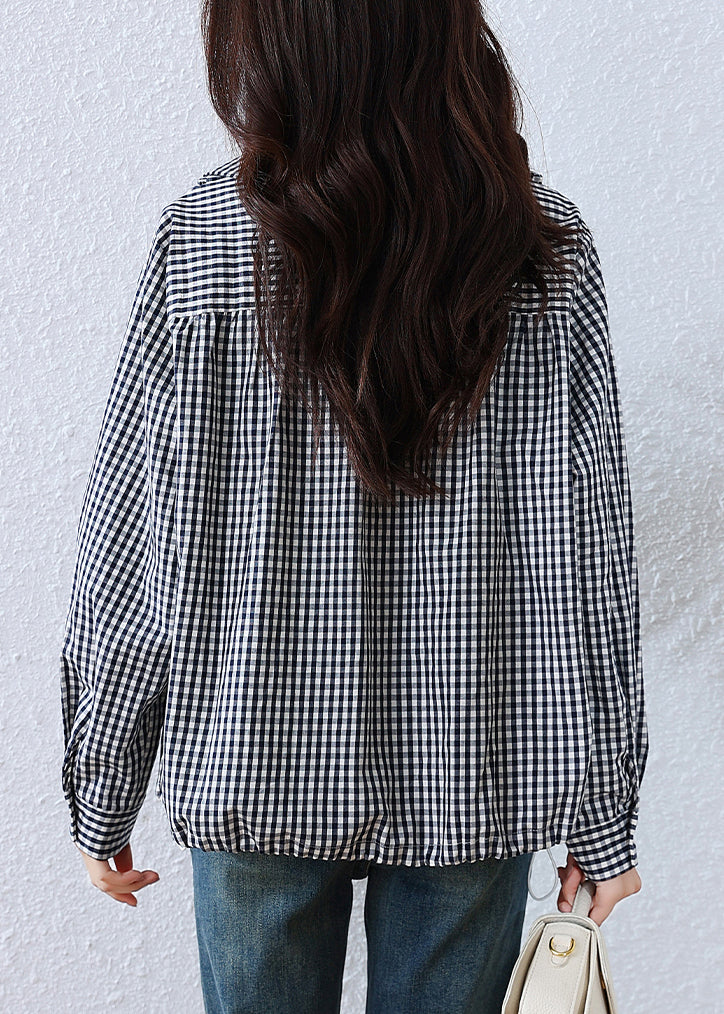 Art Black Plaid Ruffled Drawstring Cotton Blouses Fall