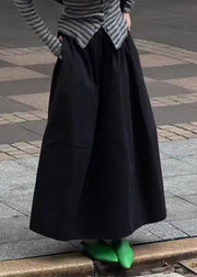 Art Black Pockets Elastic Waist Solid Cotton Skirt Fall