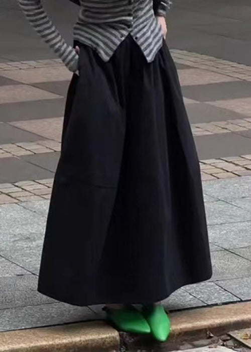 Art Black Pockets Elastic Waist Solid Cotton Skirt Fall