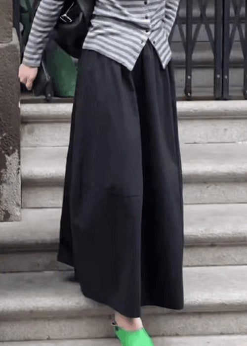 Art Black Pockets Elastic Waist Solid Cotton Skirt Fall