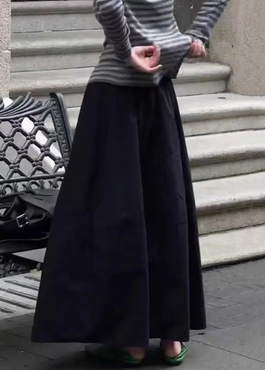 Art Black Pockets Elastic Waist Solid Cotton Skirt Fall