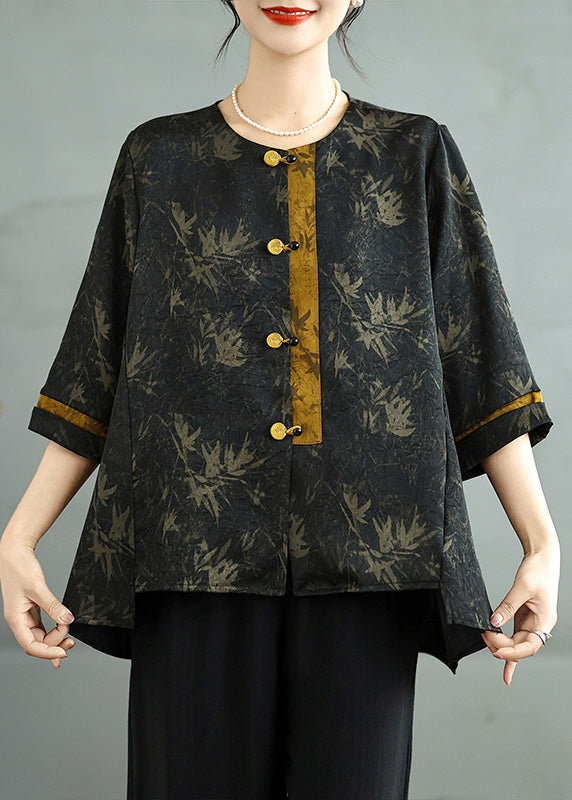 Art Black Print Chinese Button Silk Shirt Top Bracelet Sleeve