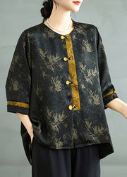 Art Black Print Chinese Button Silk Shirt Top Bracelet Sleeve