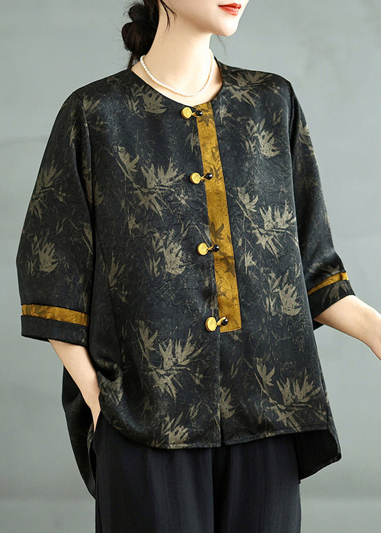 Art Black Print Chinese Button Silk Shirt Top Bracelet Sleeve